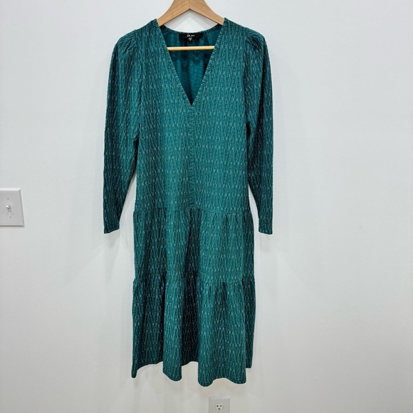 La Joie V-Neck Tiered Mid-Length Dress green blue gold Pacific Regular Sz M - Picture 2 of 6